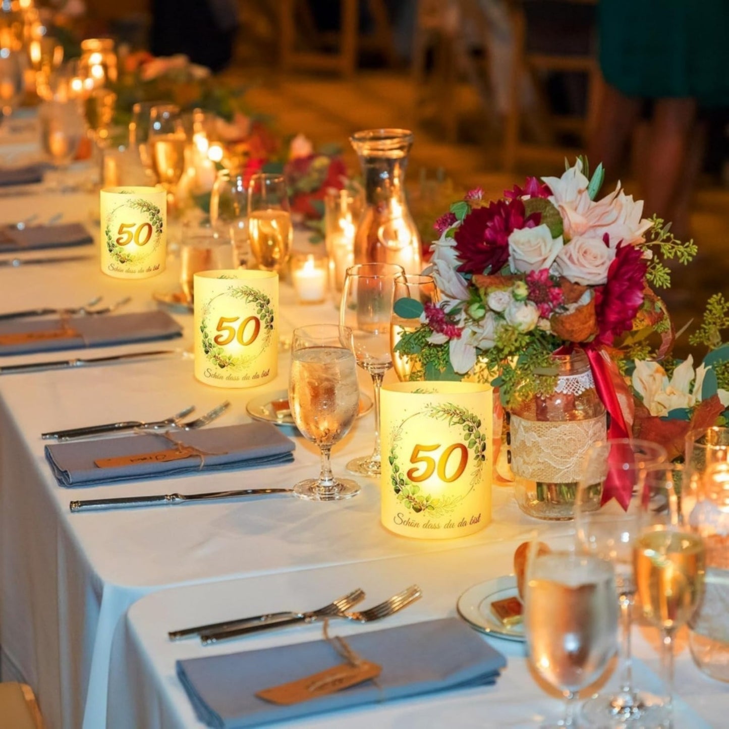 12-Piece Set Of Table Lanterns For Golden Wedding Anniversary, 50th Anniversary, Husband And Wife Table Decor, Green Eucalyptus, “So Glad You’re Here” Gold Wedding Anniversary Party Decor For Candles