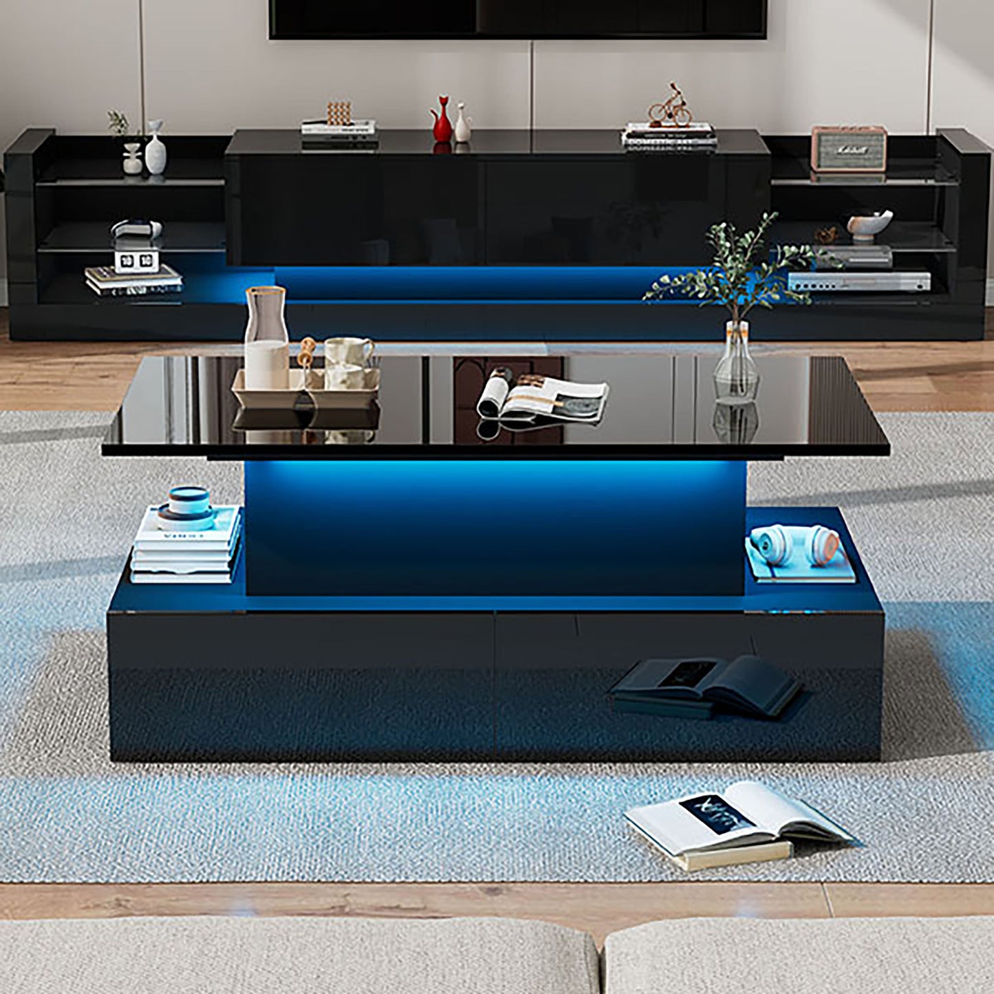 Modern Black High Gloss Coffee Table With LED Lighting And 4 Drawers - Stylish Side Table 90x55x41 Cm With Storage For Up To 30 Kg
