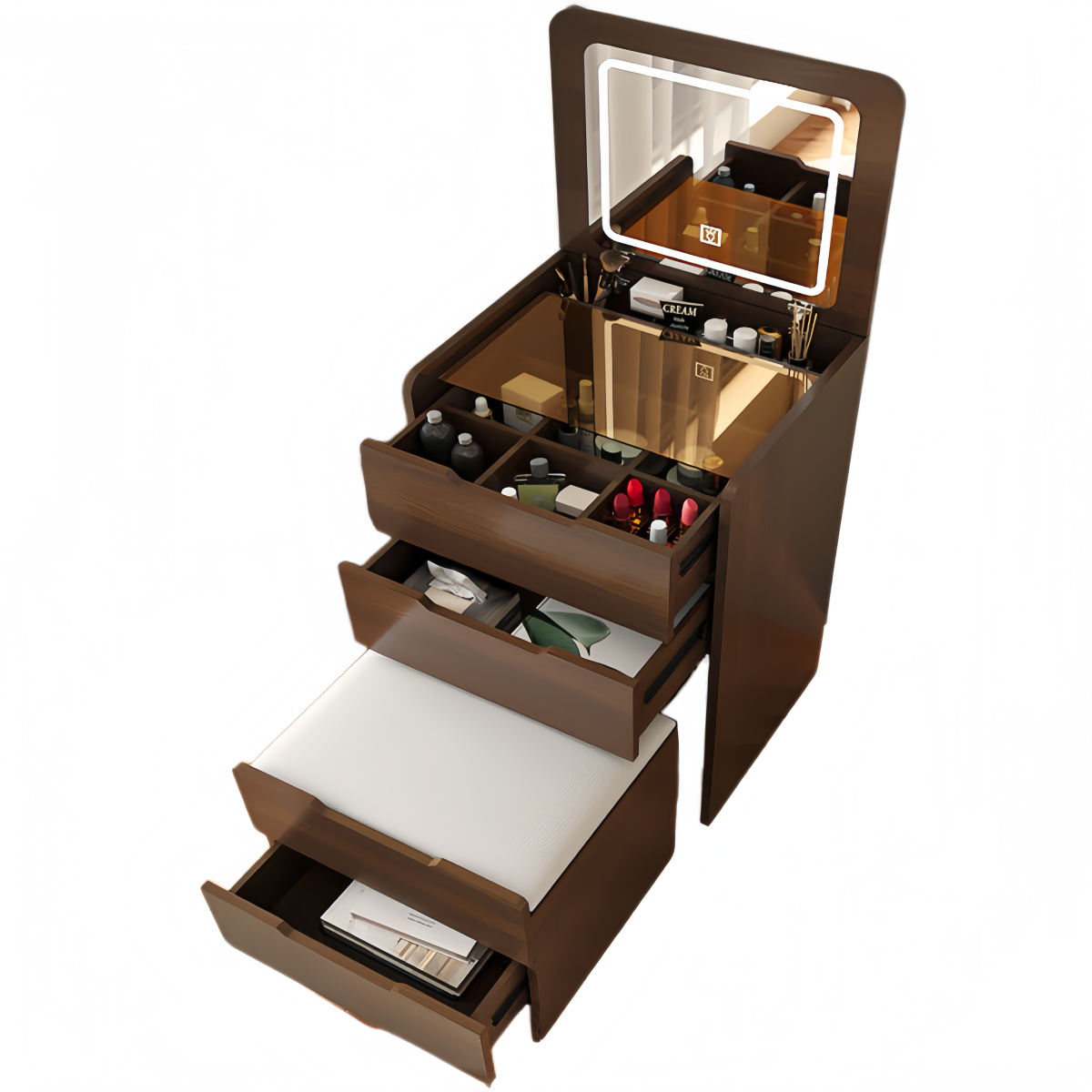 60cm 3 In 1 Vanity Desk With Plip Top Mirror, Small Make Up Vanity Set With Visible Glass Desktop, Compact Makeup Vanity With 3 Drawers, Dressing Table For Bedroom Walnut Color