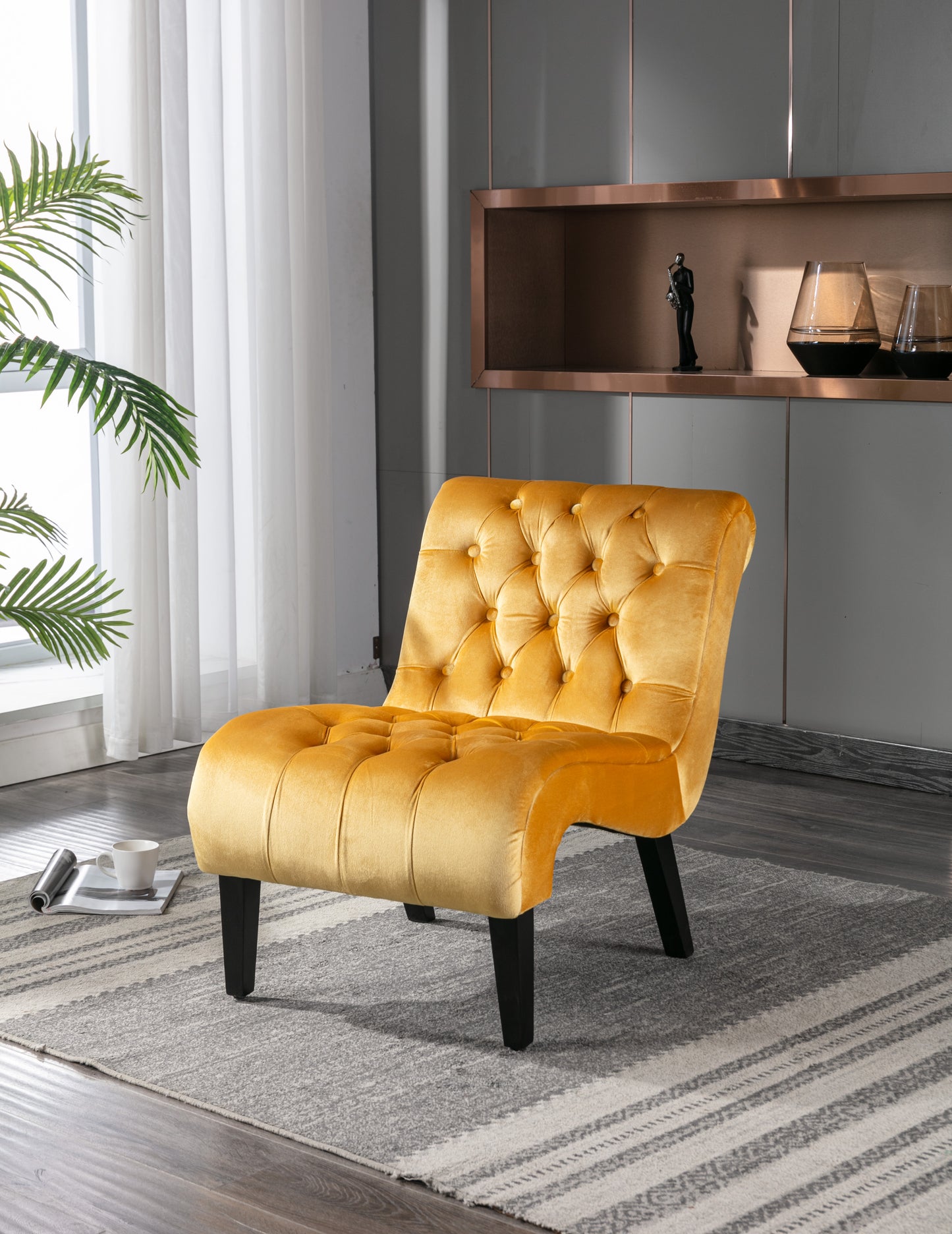 COOLMORE Modern Velvet Armless Accent Living Room Chair   Leisure Chair,Upholstered Fabric Button Comfortable Chair With Wooden Legs For Bedroom, Living Room, Office  Mustard Velvet