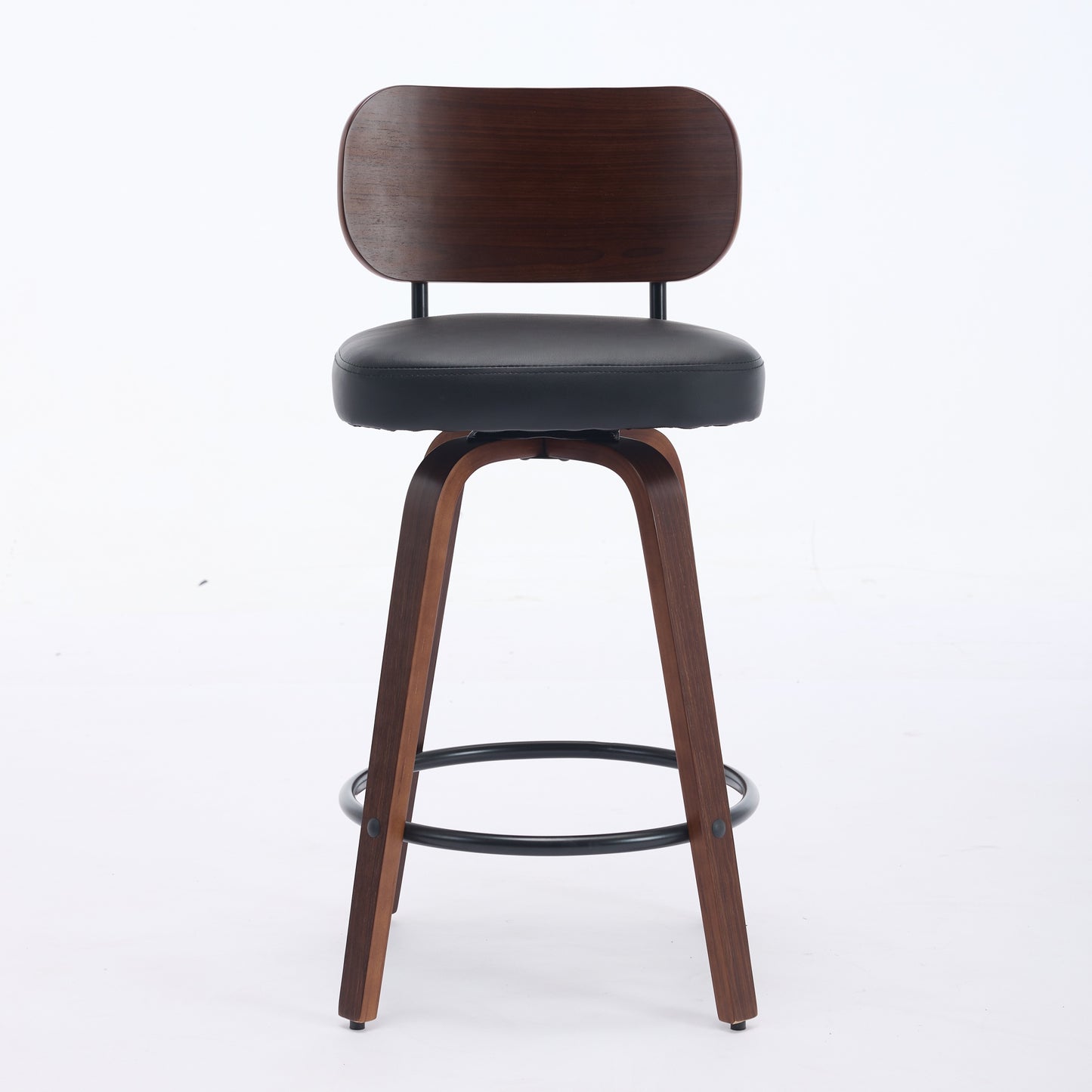 Swivel Bar Stools Set Of 2, 26  Upholstered Faux Leather Counter Height Barstools With Walnut Back & Bentwood Legs, Mid Century Modern Bar Chairs Island Stools For Kitchen Counter, Black PU, SW1864BK