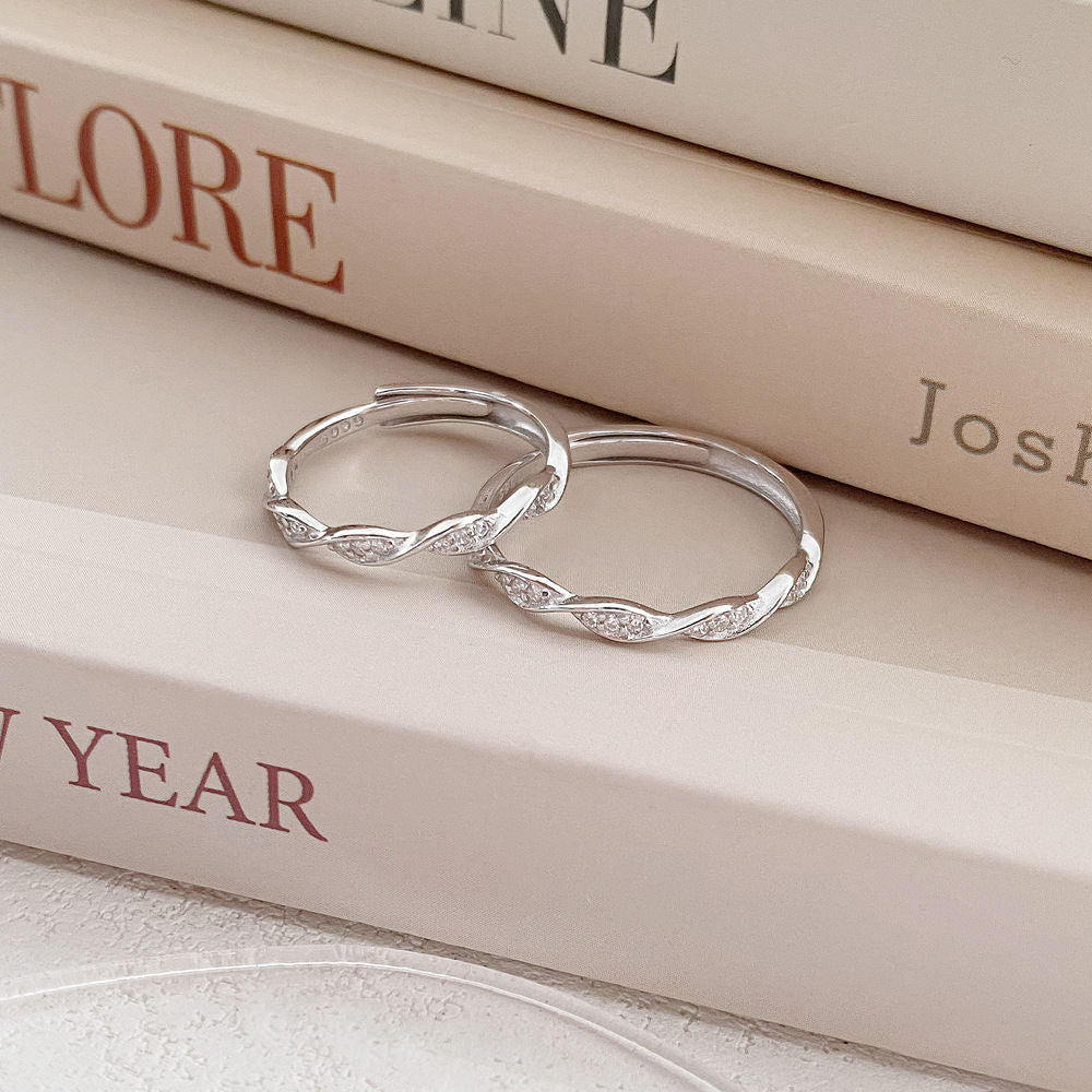 S999 Fine Silver Twisted Zircon Rings Set Of 2, Minimalist Korean Style Delicate Niche Tail Rings