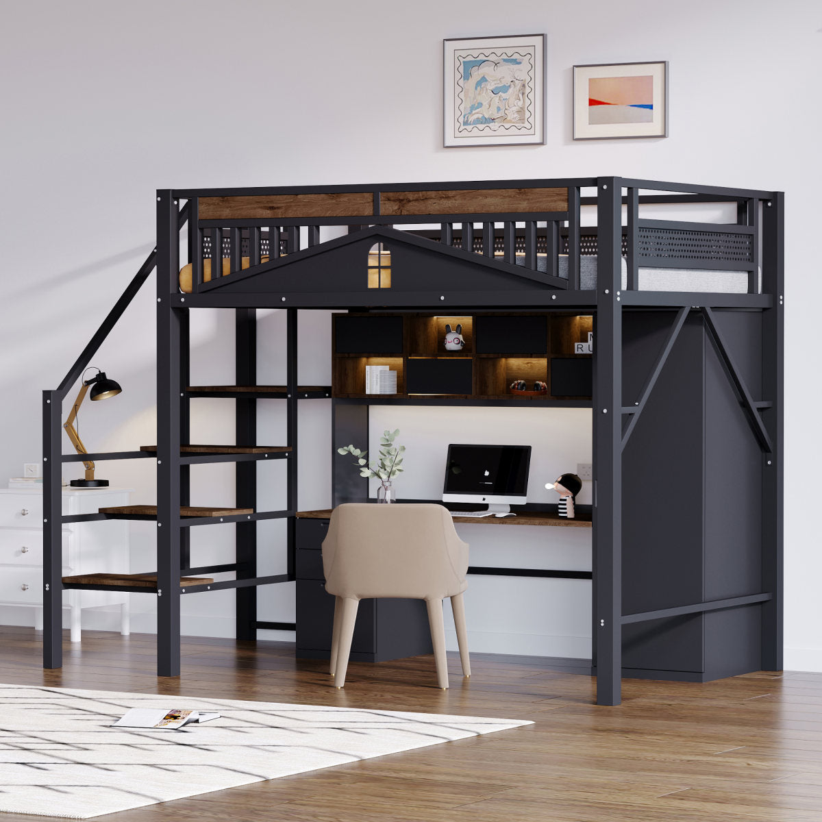 Metal Loft Bed 140 X 200 Cm, Unique Housing Shape With Window Design, With Safety Ladder, Plenty Of Storage Space Under The Bed, Black