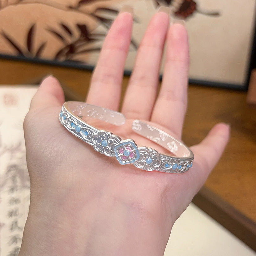 1pcs 925 Sterling Silver Enamel Clover Carved Open Cuff Bangle, Elegant Oriental Style, For Daily Wear & Holiday Gift Giving