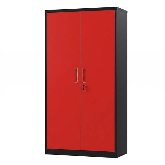 Metal Garage Storage Cabinet, Lockable Steel Storage Cabinet With 3 Adjustable Shelves For Garage, Office, Home, Assembly Required, Black & Red