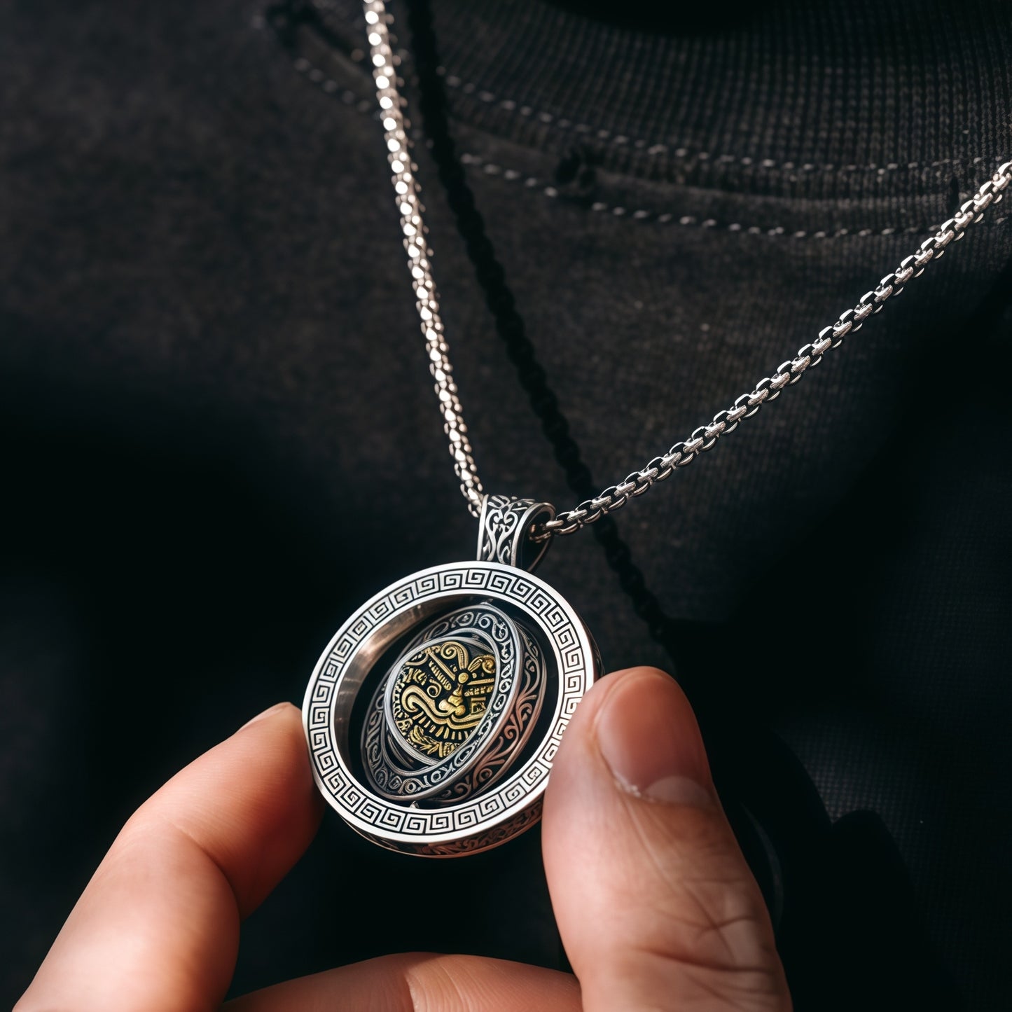 Vintage Rotatable Lion Spinner Necklace, Copper Silver Plated Traditional Oriental Amulet Pendant Gift For Men