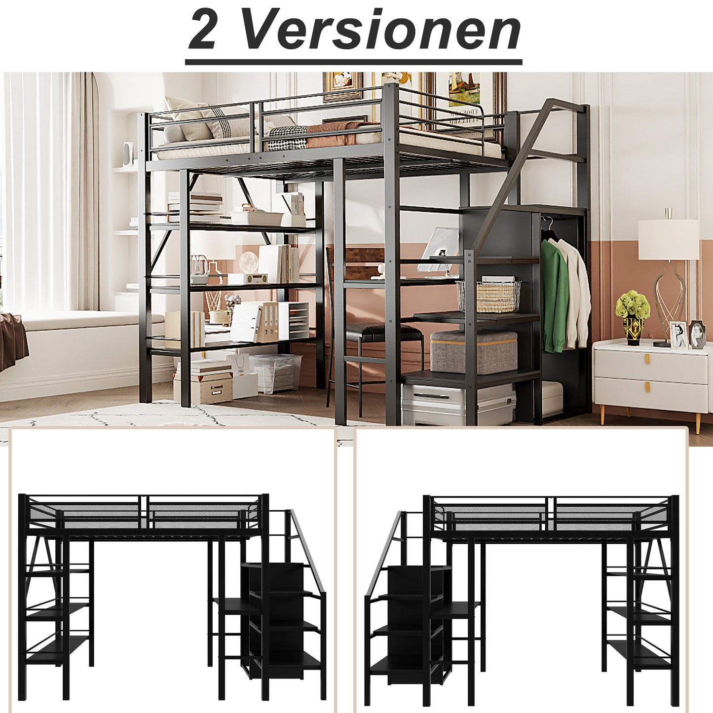 Loft Bed 140X200cm, Three-layer Storage Shelf, Desk, Wardrobe, Security Steps With Storage Compartment, High Fence Design, Iron Bed, Single Bed, Black