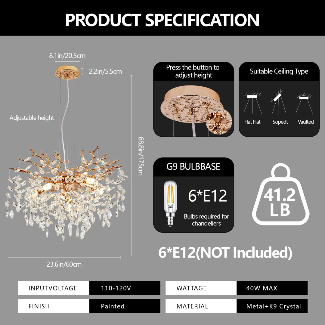 Modern Tree Branch Crystal Chandelier Luxury Gold Crystal Pendant Lighting 23.6in Contemporary 6-Light Chandeliers For Dining Room Kitchen Bedroom Living Room Bulb Is Not Including