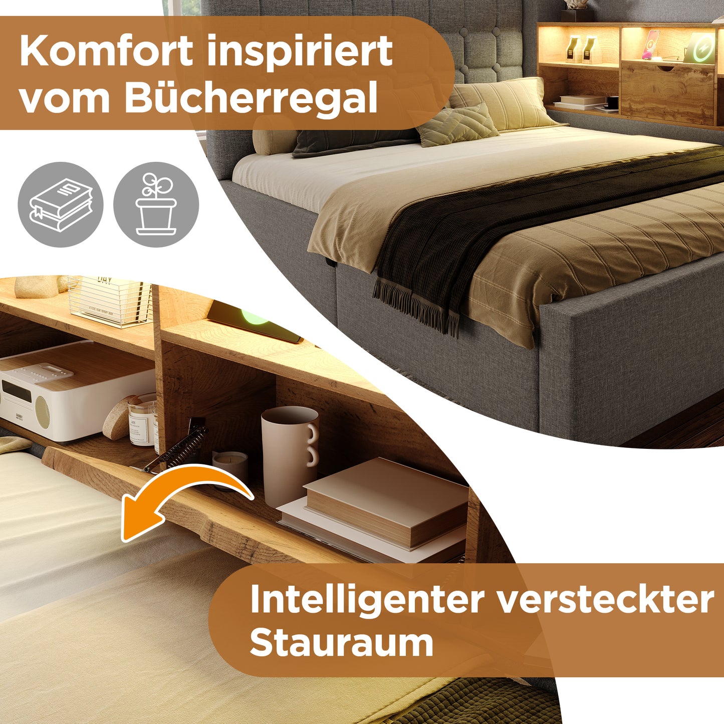 Upholstered Bed 90x190 Cm Single Bed With LED Lighting, Hydraulic Storage, L-shaped Headboard With Storage, Can Be Mounted On Both Sides, Slatted Base, Linen Fabric, Grey  Without Mattress