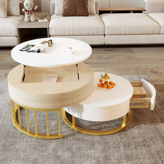 Combination Of Large And Small Round Coffee Table, Height-adjustable Table Top, Drawer, Golden Metal Frame, White Combined With Wood Effect, MDF Body, Multifunctional Living Room Table