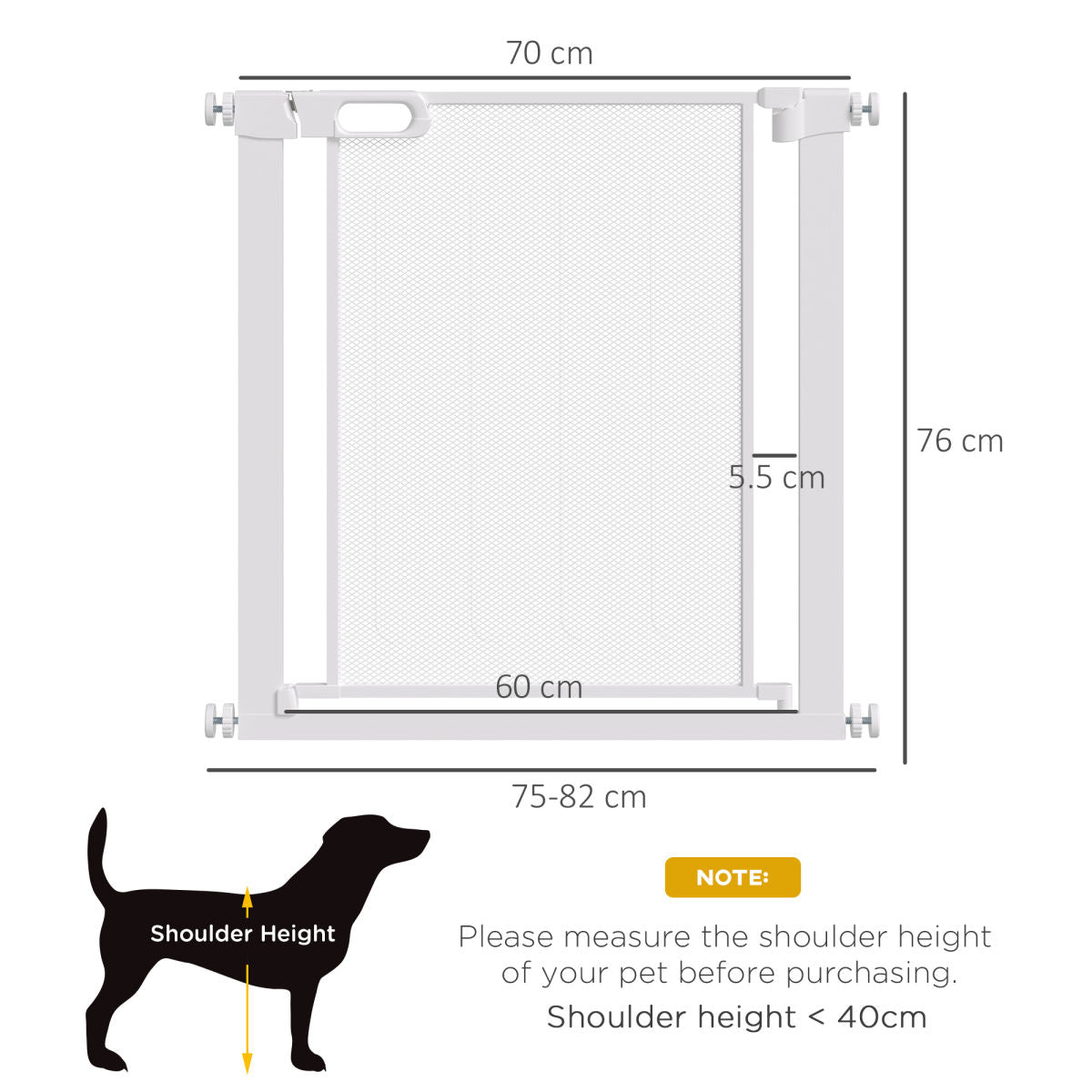 PawHut Pet Safety Gate, For Doorways, Staircases, Hallways, With 75-82cm Adjustable Width - White
