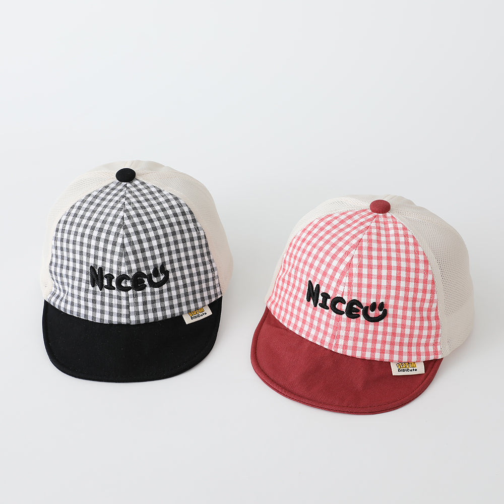 Summer Boys' And Girls' Check-pattern Embroidered Letter NICE Patchwork Baseball Cap Is Suitable For Babies For Outdoor Outings And Daily Play.