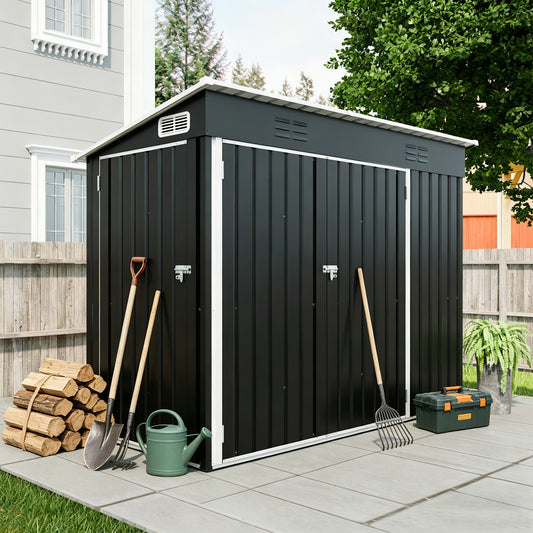4 X 8 FT Galvanized Steel Outdoor Storage Shed With 3 Access Doors, Ventilated Weatherproof Metal Utility Shed For Garden Tools, Bikes & Patio Equipment,Black 3.58x7.41 Ft