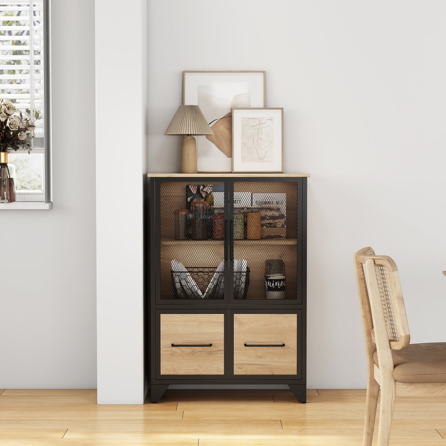 Storage Cabinet With 4 Iron Doors,Black Metal Handle,Sideboard With Adjustable Shelf,Black Sturdy Metal Frame And Metal Legs,Easy Assemble,For Living Room,Kitchen,Black Natural