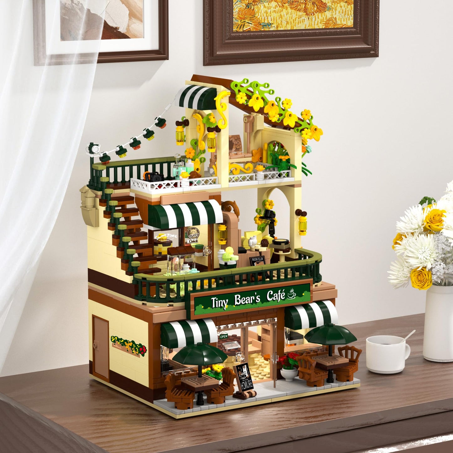 City Coffee House Building Set With Light, 1173 PCS Cafe Shop Building Block Toy With Ordering Counter Baking Room, House Construction Model Gift For Adults Teens Kids Boys Girls