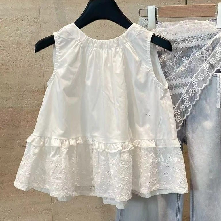 Girls Western-style Korean-style Shirt And Denim Pants Two-piece Set