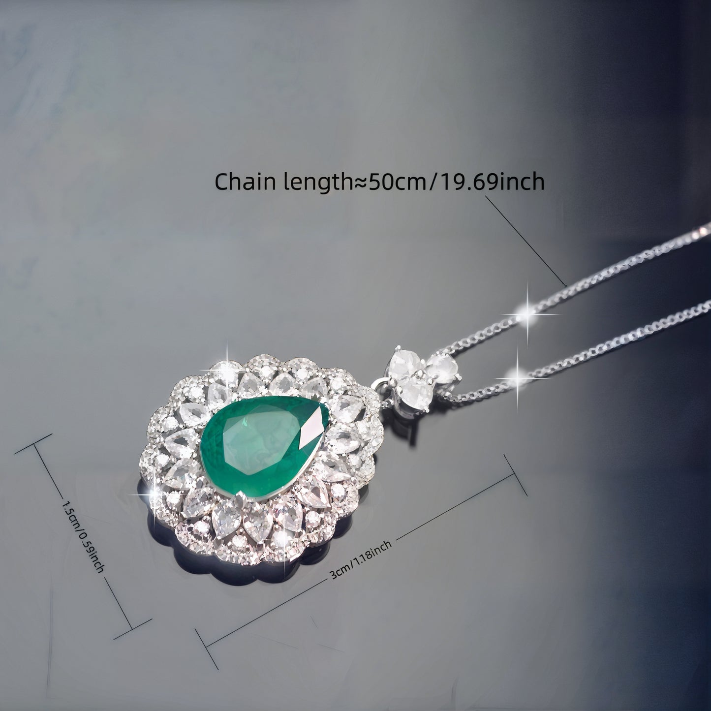 Pear Cut Simulated Emerald Double Halo Pendant Necklace For Women, Copper Plated Silver Pear Shape White Cubic Zirconia Vintage Floral Royal Bridal Wedding Statement Jewelry Gift