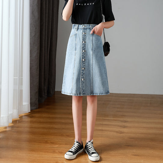 Korean-style Loose Versatile A-line Mid-length Slimming High-waist Plus-size Denim Skirt