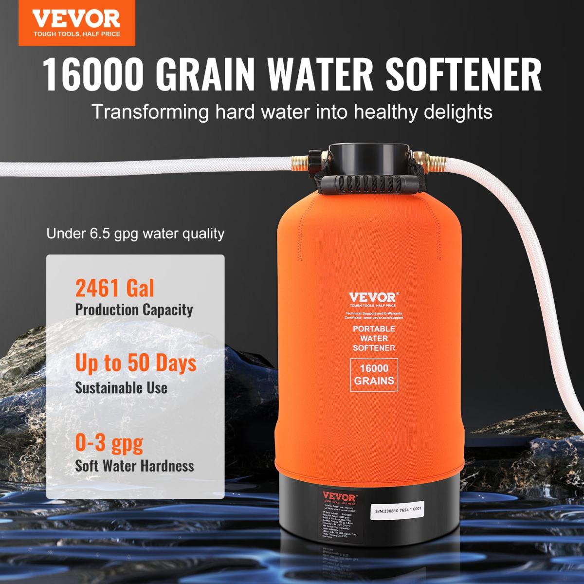 RV Water Softener, 16,000 Grain Portable Water Softener, With 3/4" Brass Fittings And 42" Hose, Soften Hard Water Filter System For RVs, Trailers, Boats, Mobile Car Washing, Pressure Washing
