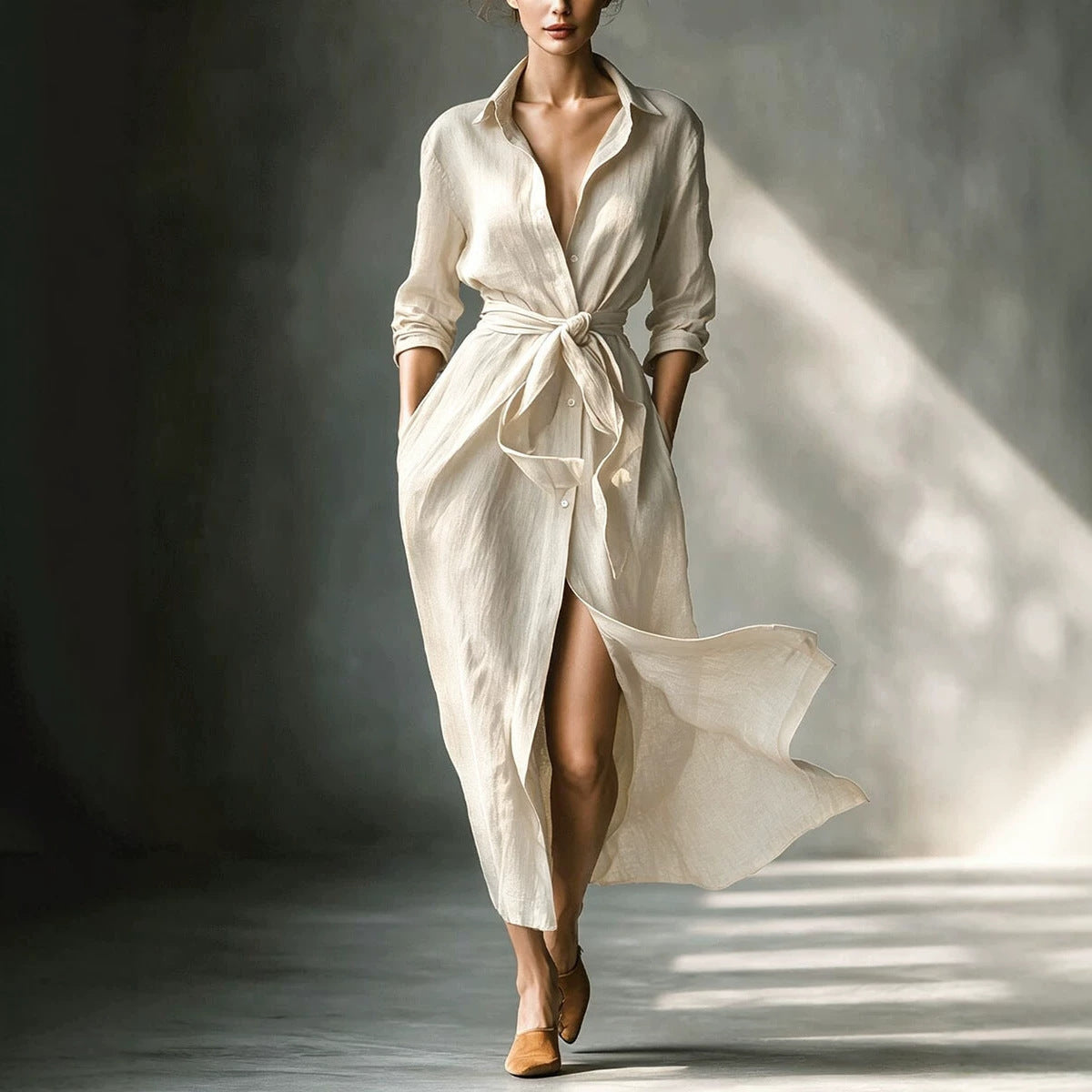 Elegant Long Shirt Collar Dress - Women's Casual Long Sleeve Midi Dress with Button Down Front for Office Wear