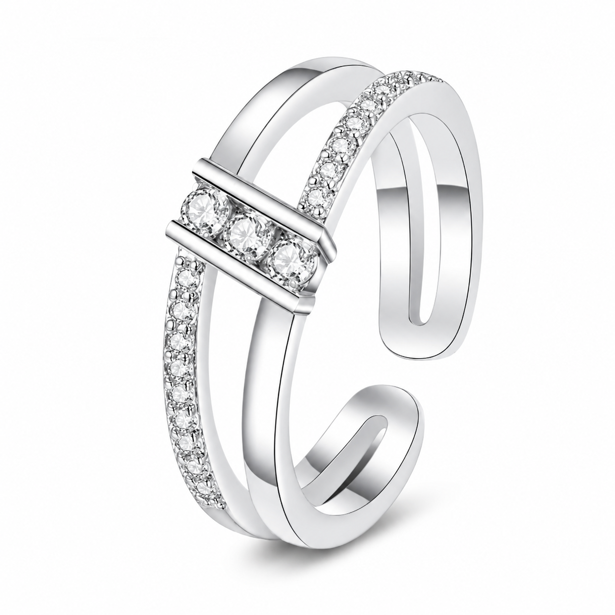 Double Split Band Bar Inlaid Clear CZ Open Adjustable Ring For Women, Copper Silver Plated Minimalist Stackable Daily Wedding Band Jewelry Gift