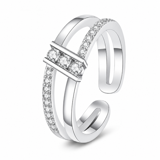 Double Split Band Bar Inlaid Clear CZ Open Adjustable Ring For Women, Copper Silver Plated Minimalist Stackable Daily Wedding Band Jewelry Gift