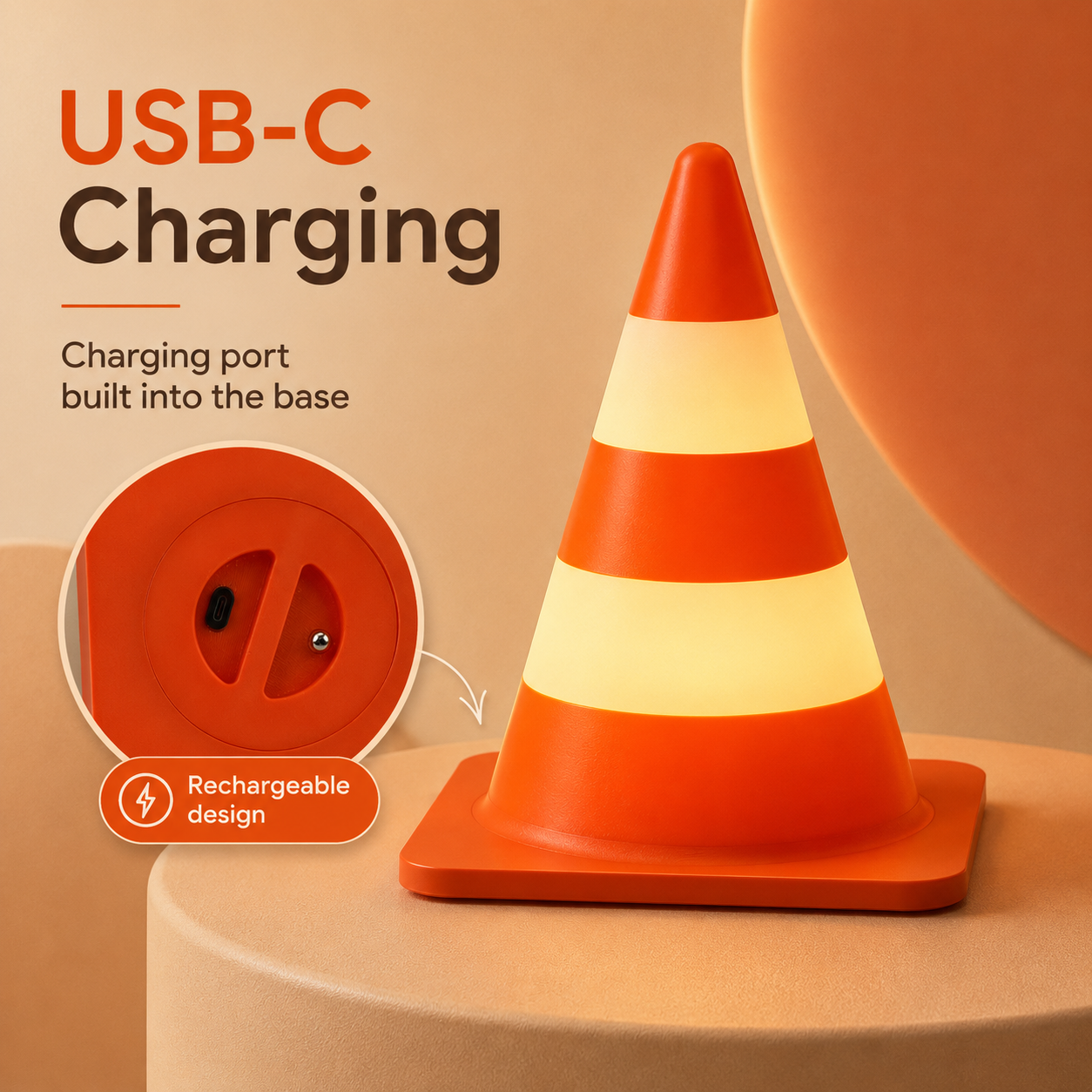 3D Printed Retro Traffic Cone Lamp, Touch Control Night Light, USB-C Rechargeable Desk Lamp, 3 Light Modes, Cute Cone Decor Gift