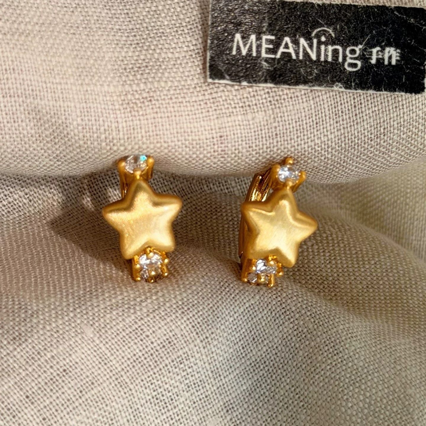 French Gold Brushed Star Huggie Earrings, Minimal Exquisite Niche Unique Designer Hoops, High-End Elegant Fashion Ear Jewelry For Women
