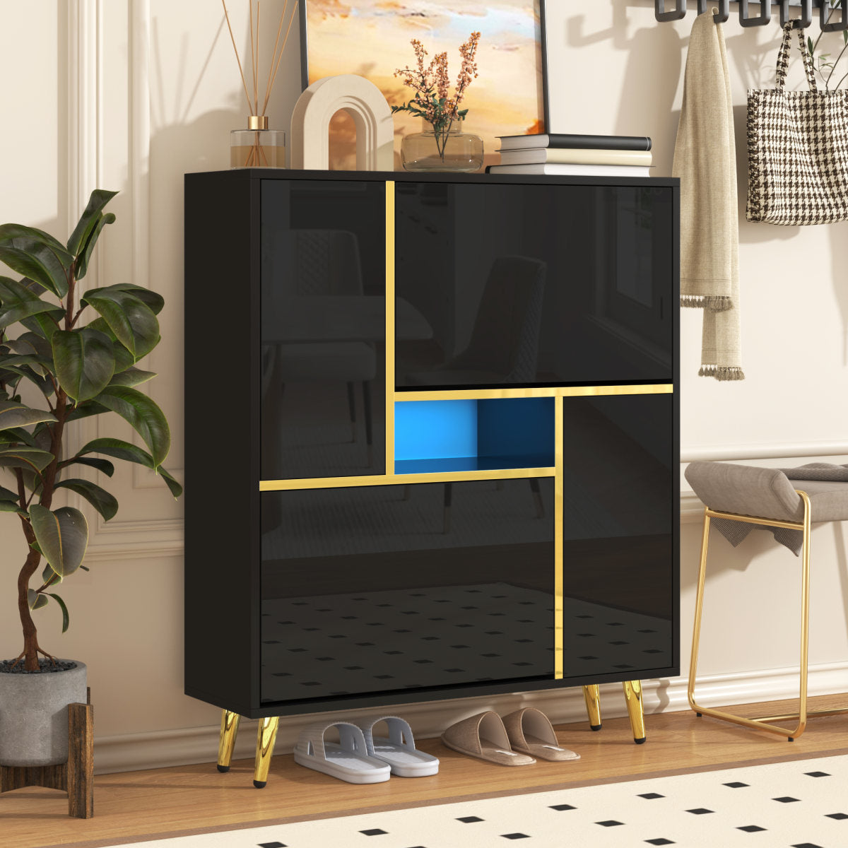 Modern Shoe Cabinet, Black Shoe Cabinet With High-gloss Front And 16-color LED Light  80 X 25 X 96 Cm