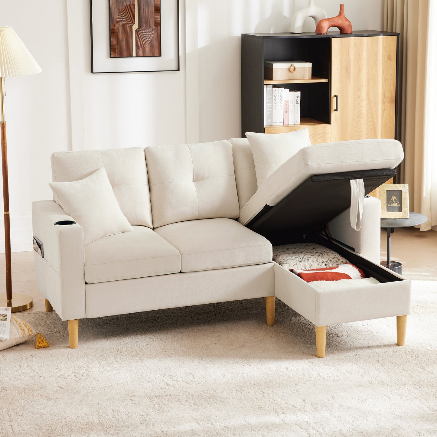 L-shaped Modern Sofa, 3 Seater Sofa With Chaise Longue, Storage Space, Integrated Cup Holder, Comes With 2 Cushions, Suitable For Living Room, Office, Apartment, Etc., Video Available