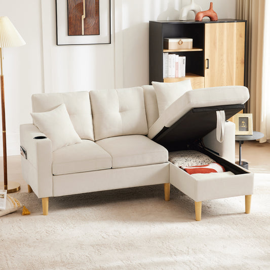 L-shaped Modern Sofa, 3 Seater Sofa With Chaise Longue, Storage Space, Integrated Cup Holder, Comes With 2 Cushions, Suitable For Living Room, Office, Apartment, Etc., Video Available