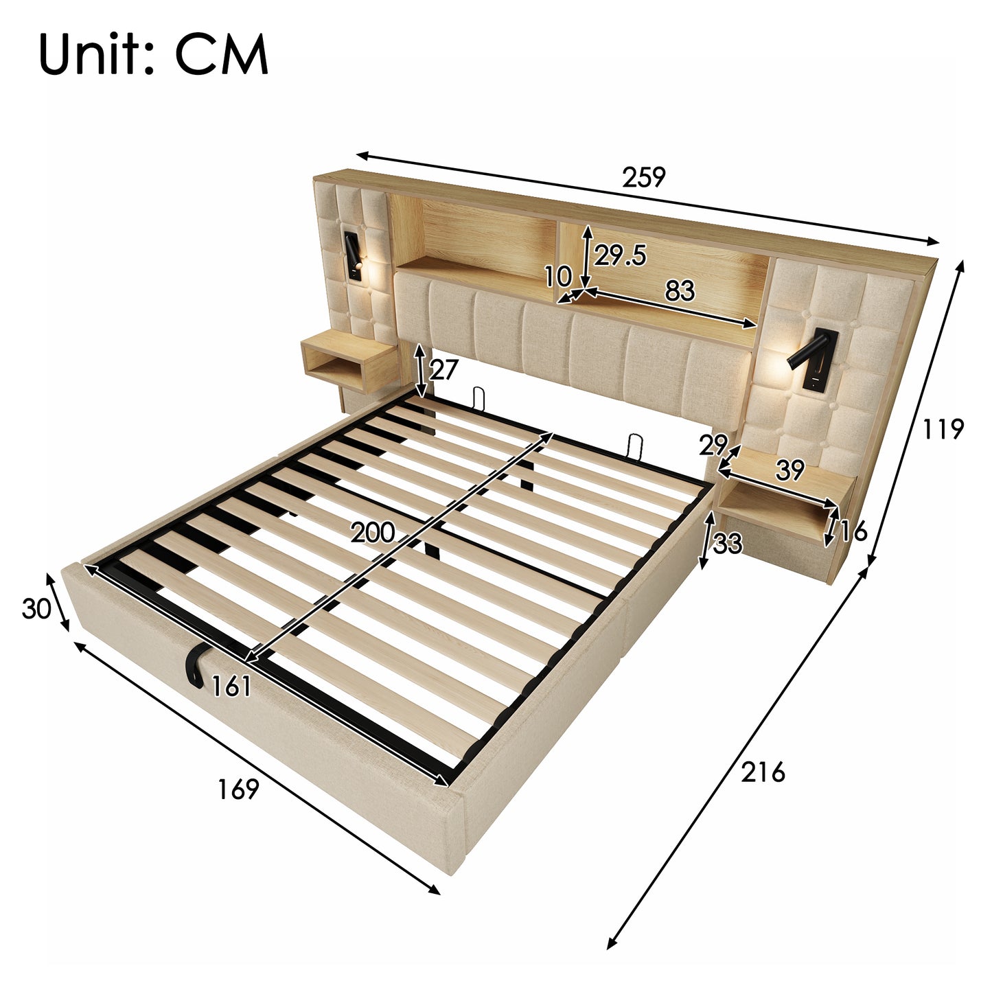 Upholstered Bed 160x200 With Storage Space, System Bed Beige, LED & 2 Reading Lamps, 2 Integr. Bedside Tables, USB Type-C Charging Port, Linen Fabric, Incl. Slatted Frame, Without Mattress