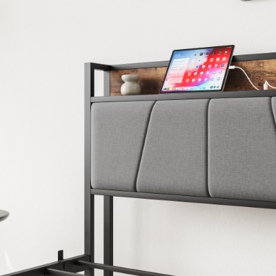 Twin Size Bed Frame, Storage Headboard With Charging Station, Solid And Stable, No Box Spring Needed, Easy Assembly