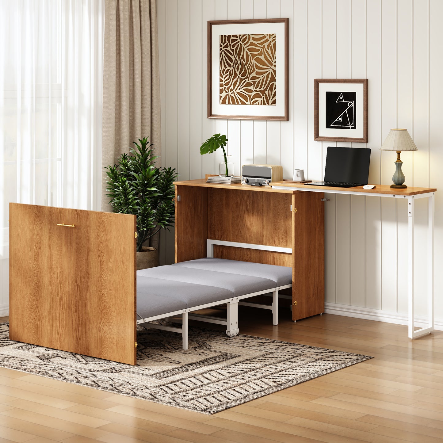 Folding Bed With Swivel Desk And Mattress, Space-saving Murphy Bed With Wheels, Ideal For Small Rooms, Guest Rooms And Home Office