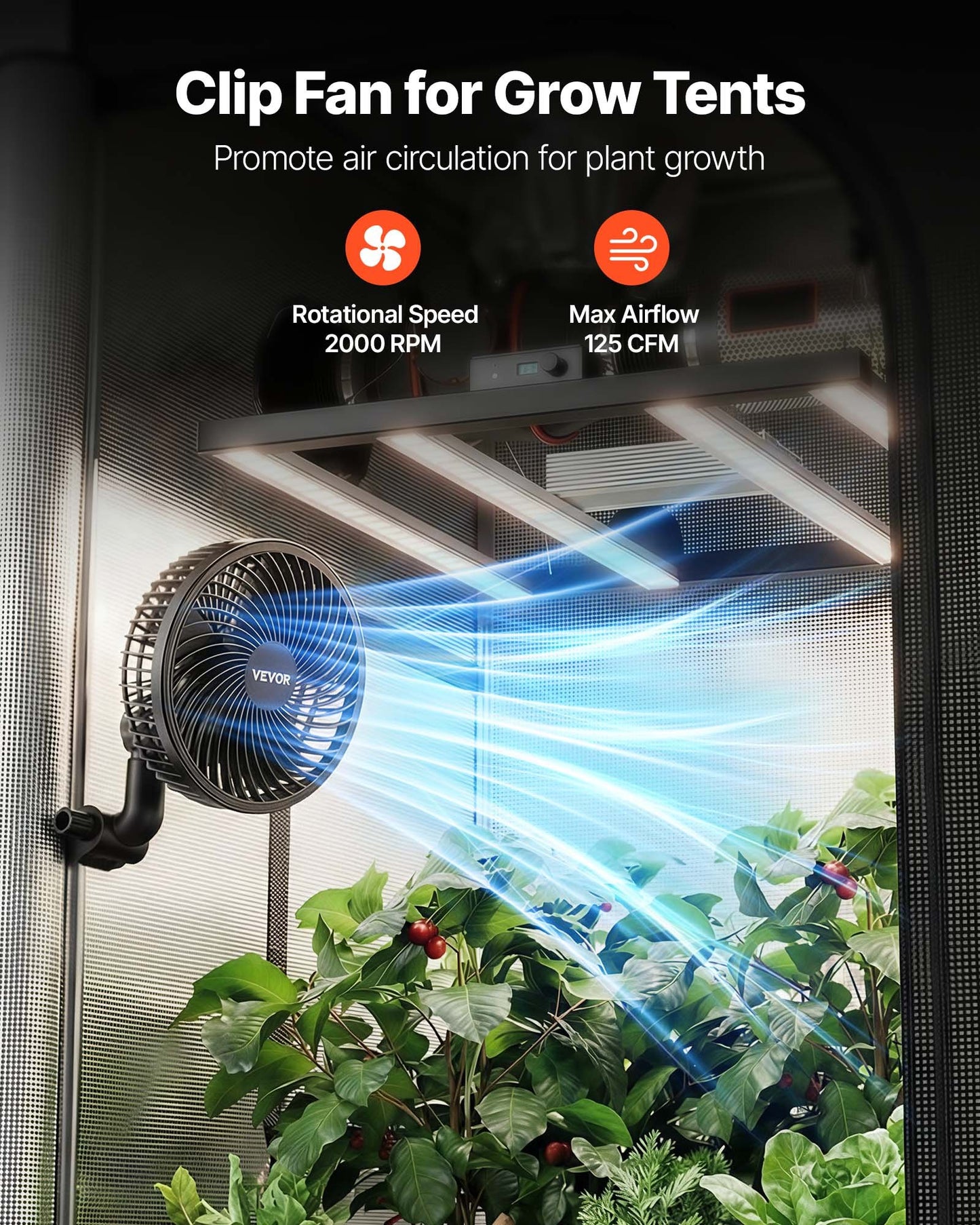 Plant Fan, Grow Tent Clip On Fan Rechargeable, USB Port With 9 Speeds & Circulation Mode, Smart Control, Powerful Oscillating, Long Runtime For Hydroponics Circulation Cooling, Black, 1 Pack