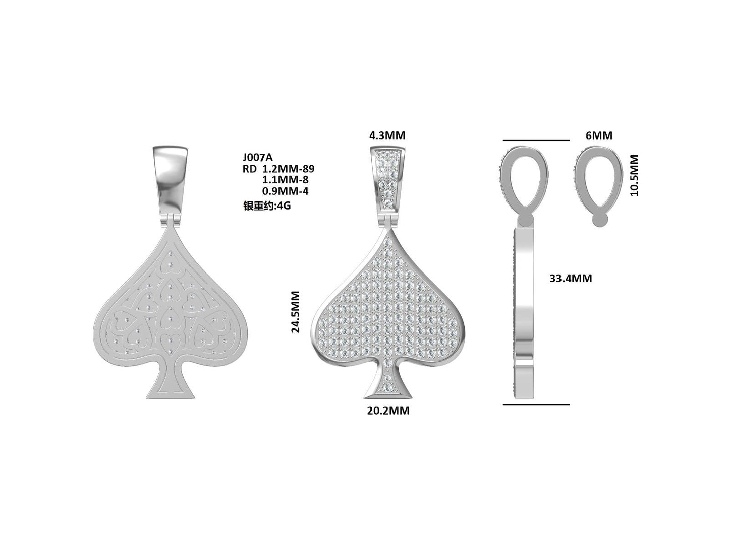 S925 Sterling Silver 101pcs D Color VVS1 Moissanite Spade Pendant 5g No Chain Platinum Plated GRA Certified Gift Box