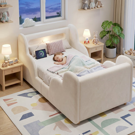 Children's Bed 90 X 200cm, Upholstered Bed, Single Bed, With Safety Railing, With Night Light And USB Charging Port And Storage Compartments, Bed Legs Made Of Solid Wood, Velvet, Beige