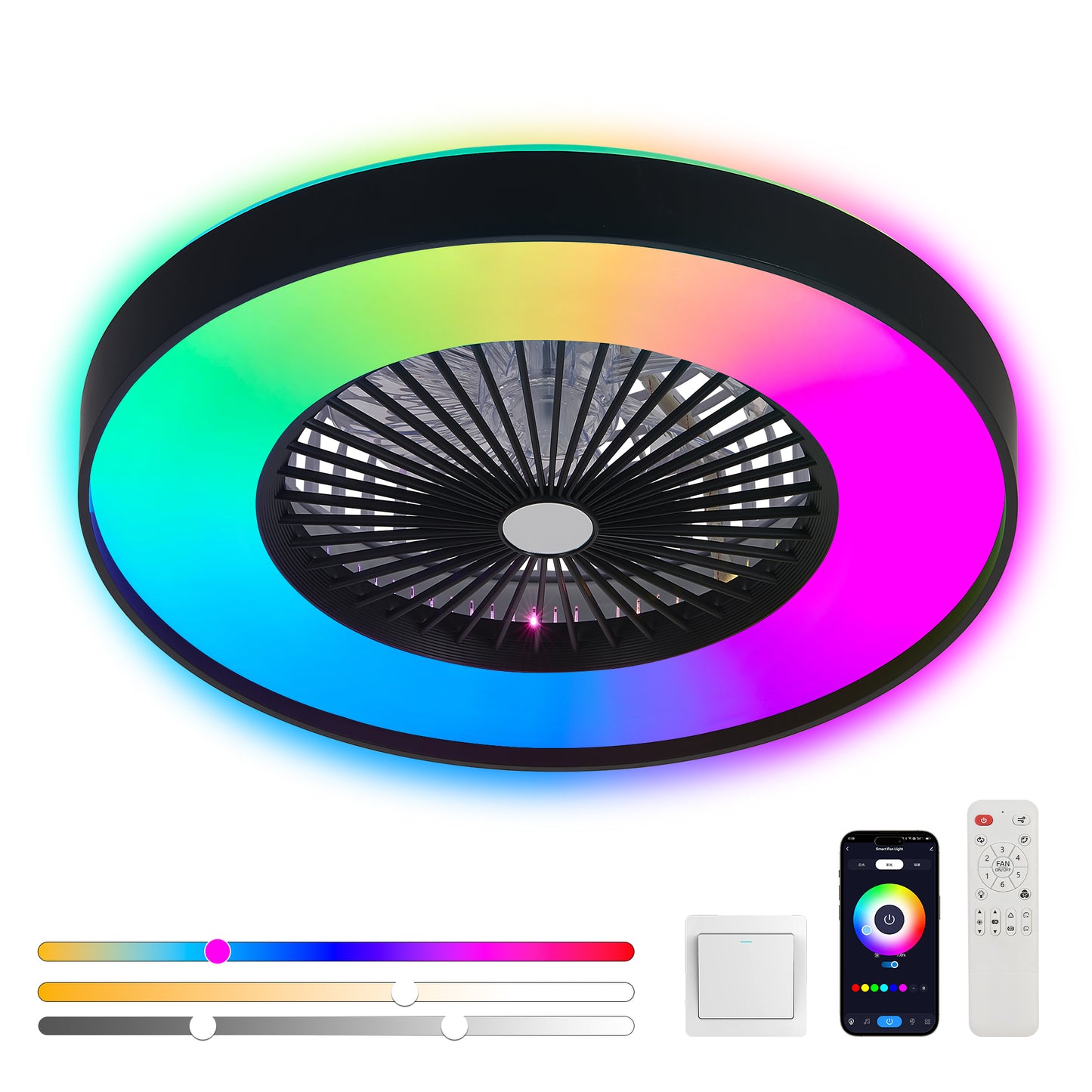 23-inch Black Ceiling Fan Light With LED RGB   Dimmable & Color-Changing, APP & Remote Control, Modern Smart Ceiling Fan For Living Room, Bedroom, And Dining Room  Silent 6-Speed Reversible DC Motor