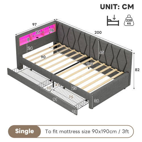 3ft Single Daybed With Two Storage Drawers, LED Modern Bed Frame With Charging Station, Linen Sofa Bed For Living Room Bedroom Study Room, 90X190cm, Easy Assembly, Grey