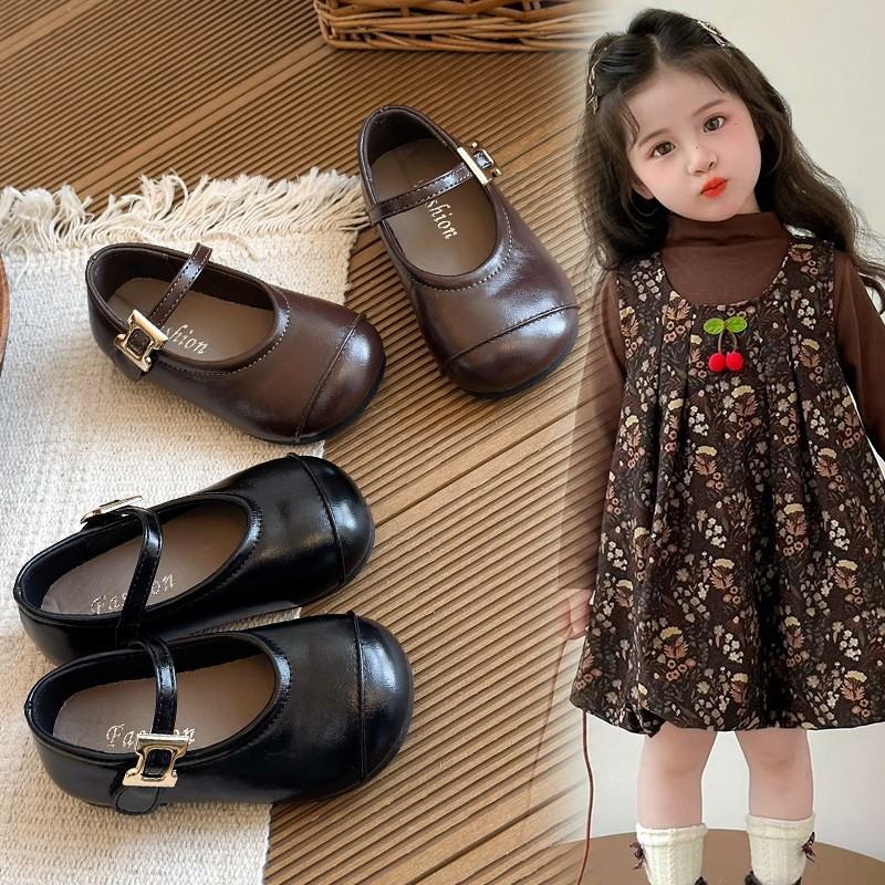 2026 Spring New Girls Leather Shoes, Black Korean Style Soft Sole Baby Flats, Retro Princess Casual Shoes For Little Girls