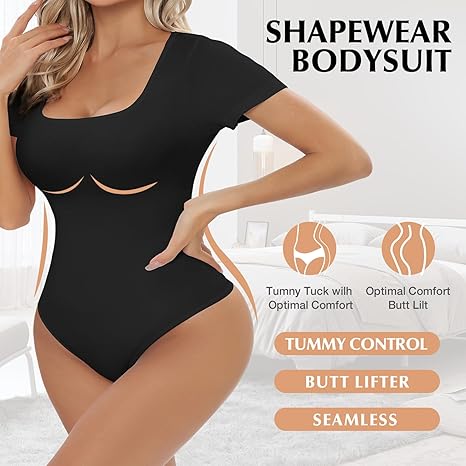 Seamless Square Neck Bodysuit For Women Tummy Control Short Sleeve Thong Shapewear Slim Fit Body Sculpting Shaper Everyday Wear