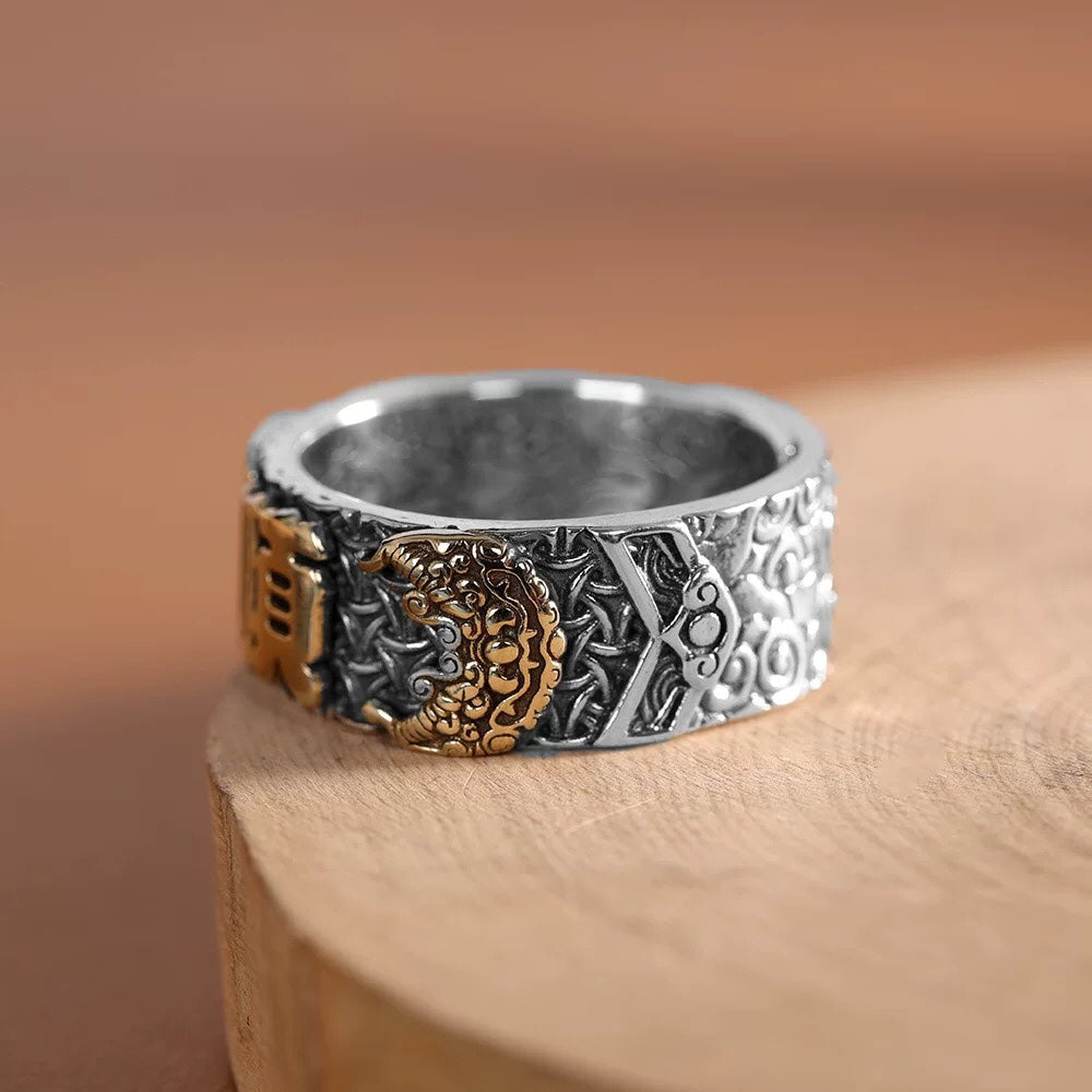 1pcs 925 Sterling Silver Vintage Two-Tone Luck Statement Ring, Chinese Amulet Style, Ideal For Birthdays & Feng Shui Gifts