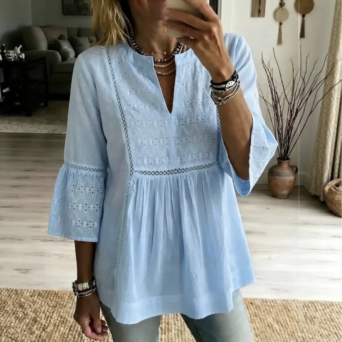 New V-neck Slit-panel Embroidered Three-quarter-sleeve Blouse