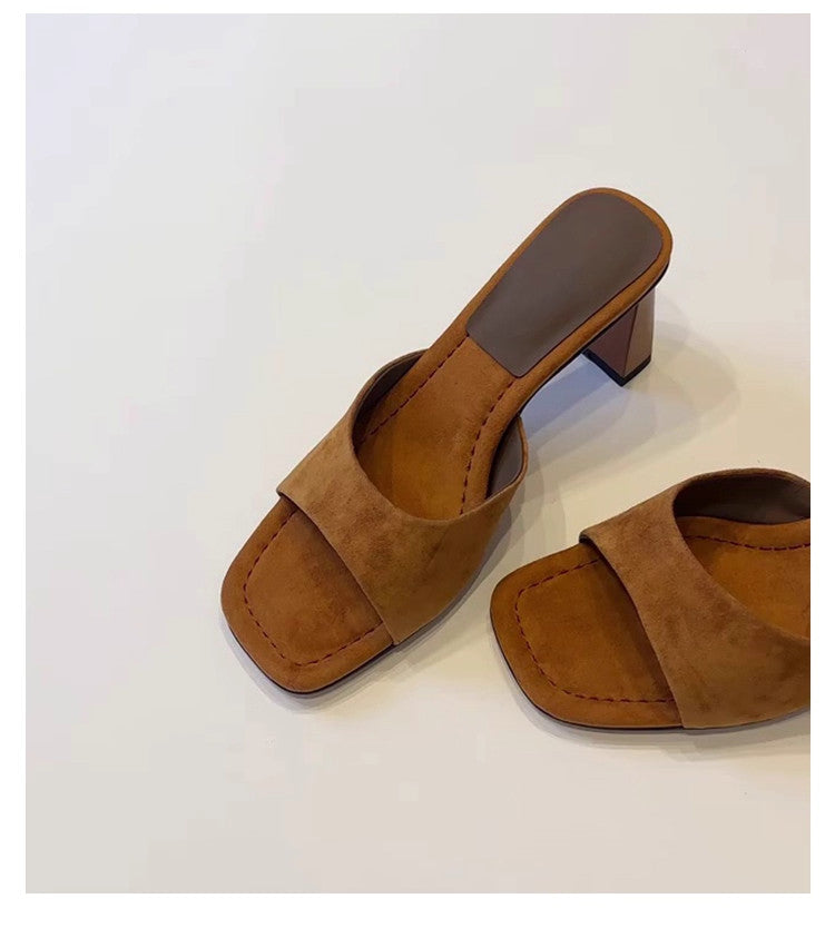 Elevated Version French Open Square Toe High Heel Slides For Women, Simple Slip-On Block Heel All-Match One-Strap Summer Outdoor Sandals