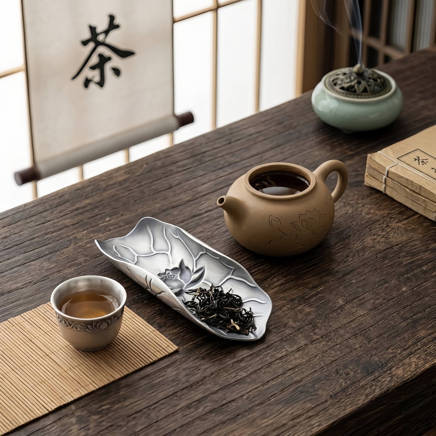 Pure 999 Fine Silver Elegant Lotus Flower Embossed Metal Tea Scoop for Traditional Loose Leaf Tea Presentation - Handicraft