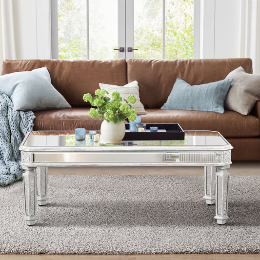 Silver Mirrored Coffee Table, Vintage Carved Elements, Rectangle Glass Tea Table With Mirrored Finish, Modern Center Table For Living Room And Office  24  D X 48  W X 18  H