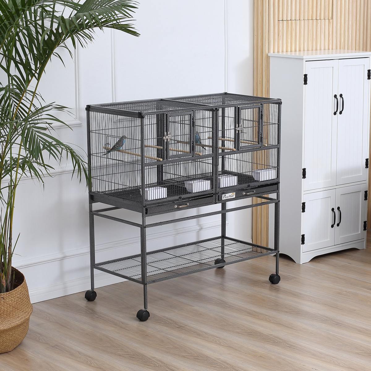 Divided Breeder Bird Cage with Rolling Stand Removable Metal Tray, Storage Shelf, Wood Perch, and Food Container