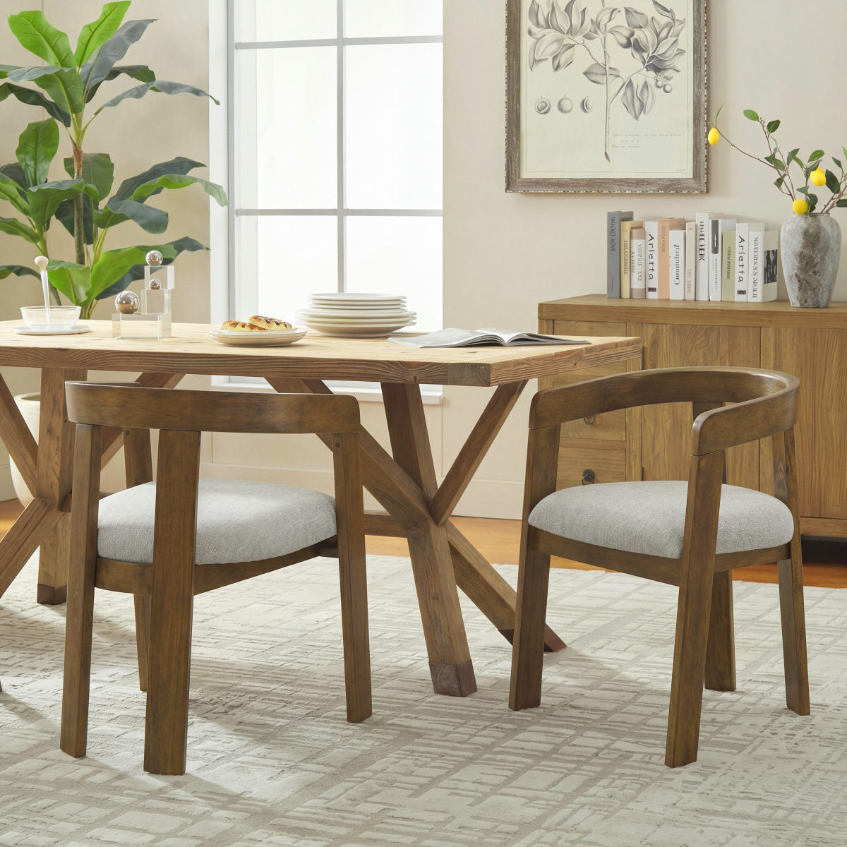 Modern Barrel Dining Chairs, Rubber Wood Frame Kitchen Chairs with Upholstered Seat, Mid-Century Arm Chairs for Dining Room, Living Room(Set of 2),Walnut