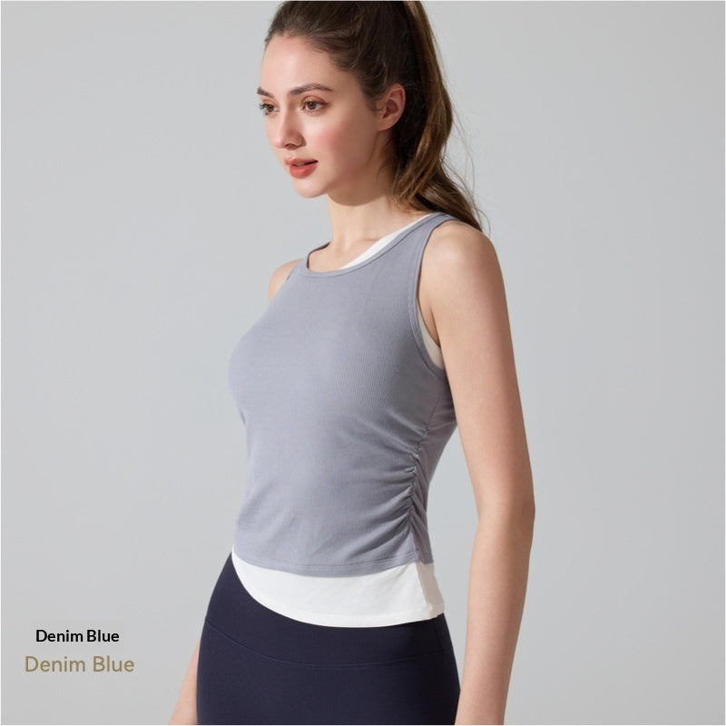 Threaded Yoga Tank Top High-Elastic One-Piece Cup Bra Slim-Fit Fake Two-Piece Running Fitness Wear