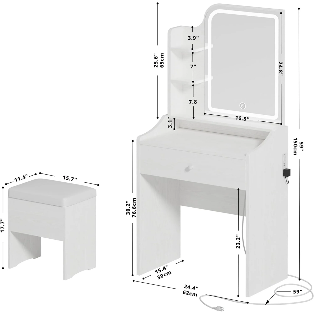 A Small Dressing Table Set With A Adjustable Lighting Makeup Surface, Including A Dressing Table, Storage Drawers, Shelves And A Stool